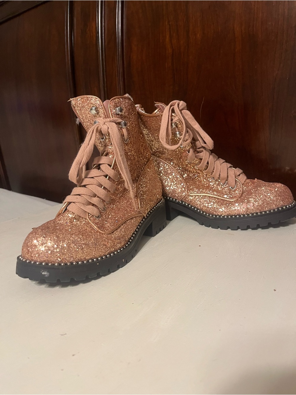 Glitter Lace-Up Combat Boots in Rose Gold